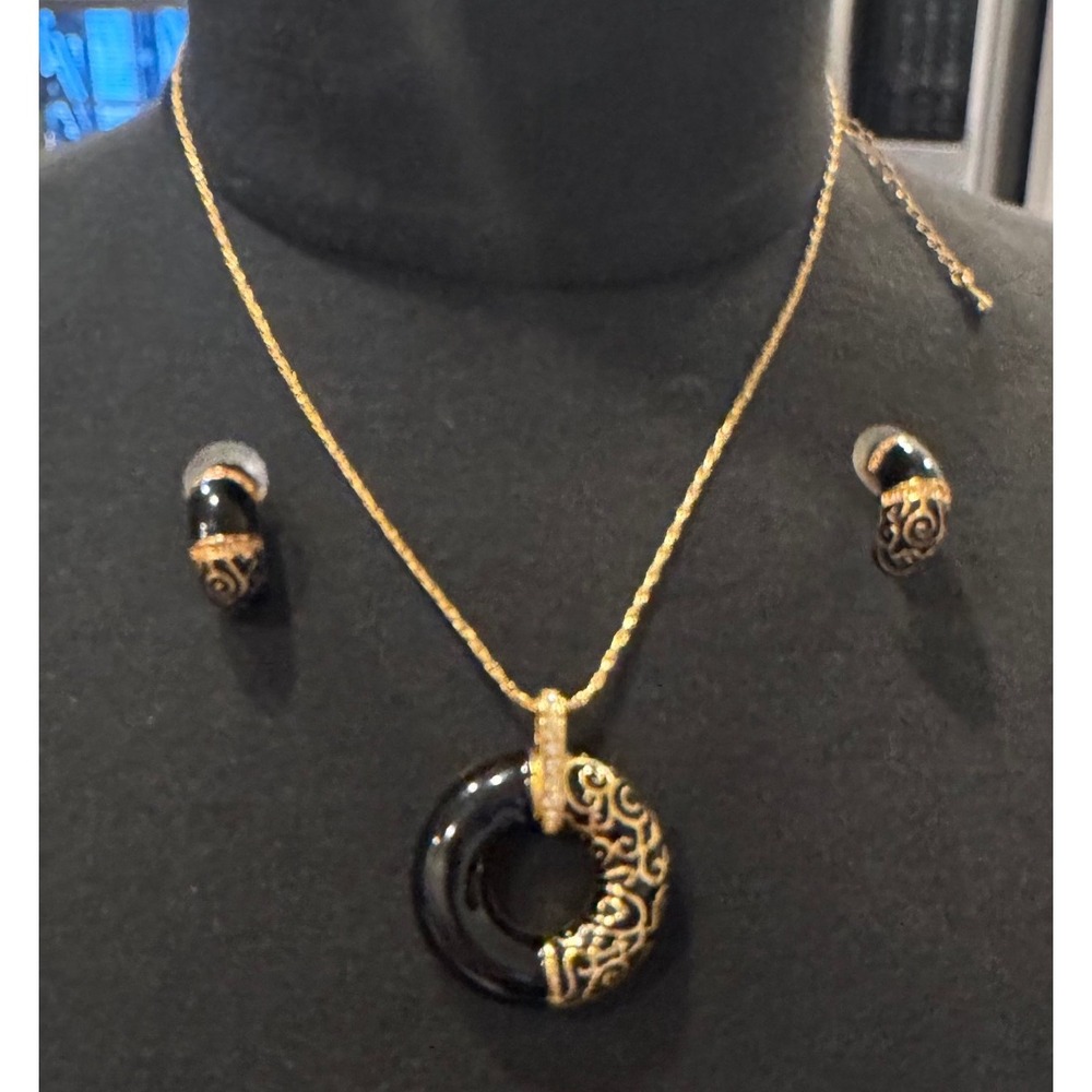 Camrose & Kross‎ JBK Jacqueline Kennedy Black Enamel Gold Tone Necklace Earrings